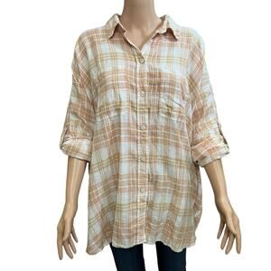 American Eagle Oversized Plaid Button Down Shirt Tunic XL Linen Roll Tab Sleeve